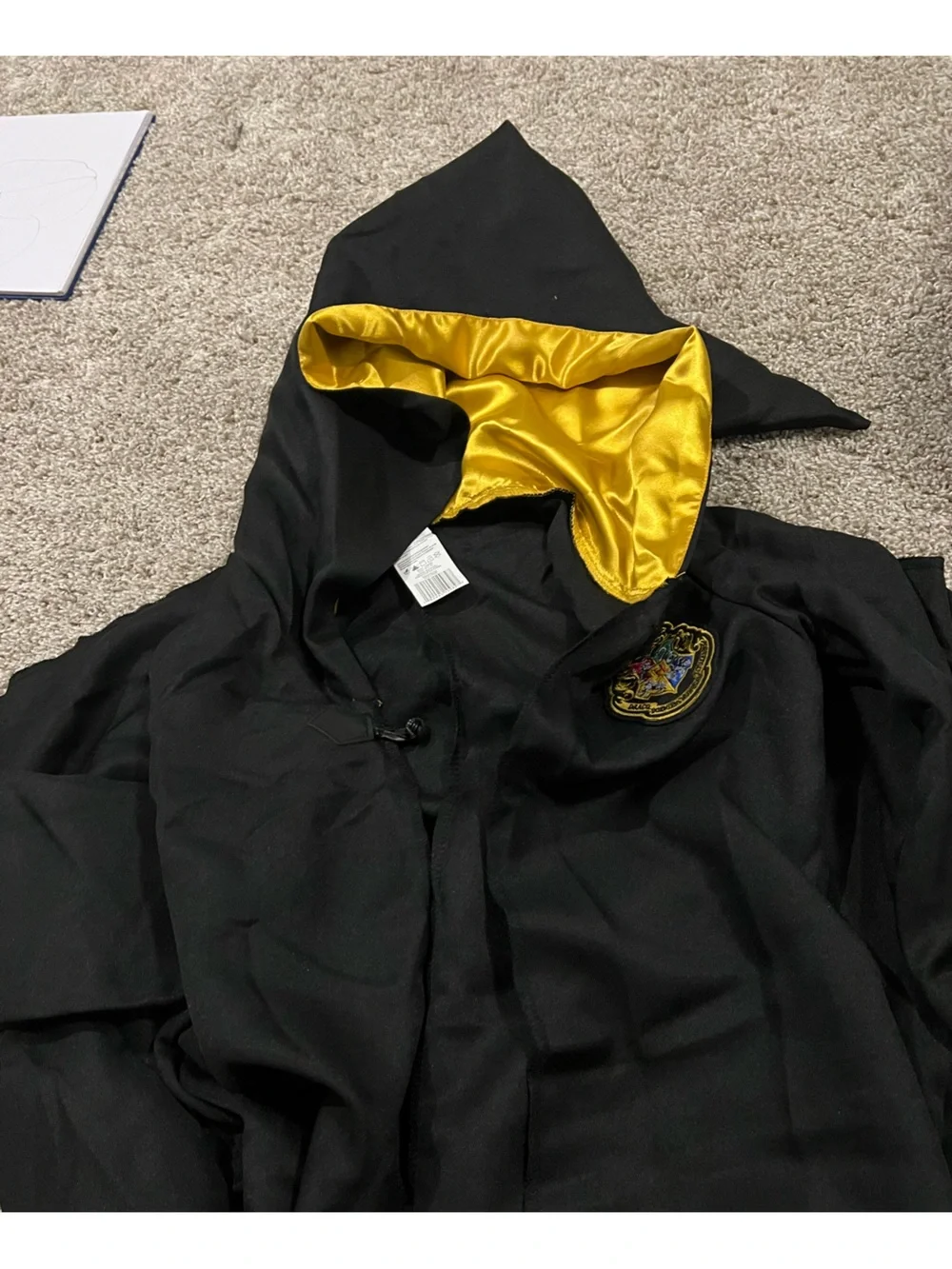 Never worn kid harry Potter Black Hooded Costume Jacket with Gold Lined Hood cap